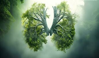 lungor bildas förbi löv och träd grenar, i de begrepp av miljö och ekologi. lunga av de jorden. ai genererad foto