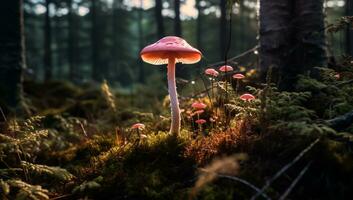 små svamp i de skog. ai genererad foto