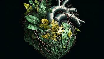 anatomisk mänsklig hjärta bildas förbi löv och träd grenar. ai genererad foto