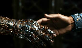 Rör mellan en robot hand och en mänsklig hand. ai genererad foto