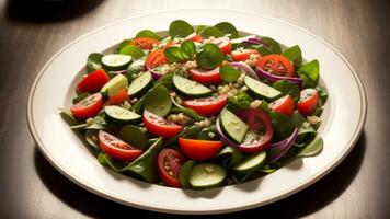 ansenlig vegetabiliska sallad av uppiggande tomat , gurka , lök , spenat , sallad och sesam på Hem tandprotes . diet meny . överstiga föreskriva. kreativ resurs, ai genererad foto