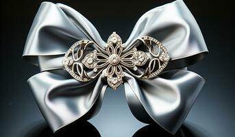 silver- rosett med Smycken för gåva dekoration. ai genererad foto