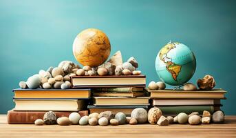 uppsättning av planeter och böcker i ett utbildning, miljö och tillbaka till skola begrepp. ai genererad foto