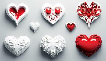 uppsättning av vit och röd hjärtan med abstrakt former. ai genererad foto