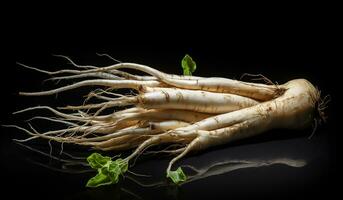 ginseng rot isolerat på mörk bakgrund. friska tid. ai genererad foto