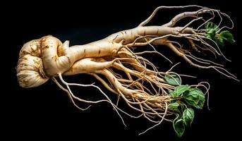 ginseng rot isolerat på mörk bakgrund. friska tid. ai genererad foto