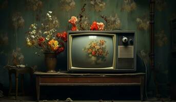 fortfarande liv av en smutsig och övergiven rum med ett gammal tv. ai genererad foto