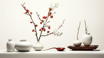 orientalisk minimalism fortfarande liv med kastruller och blommor. ai genererad foto