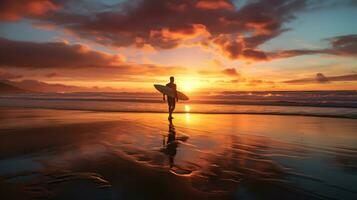 surfare med surfingbräda på de strand på solnedgång. ai genererad foto