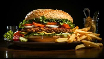 grillad nötkött burger med ost, tomat, och franska frites på tabell genererad förbi ai foto