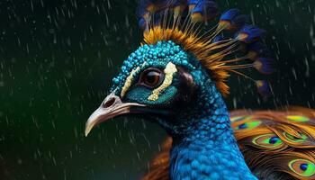 majestätisk påfågel visas vibrerande färger i dess elegant fjäder mönster genererad förbi ai foto