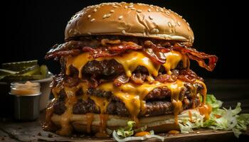 grillad gourmet burger med ost, tomat, lök, och franska frites genererad förbi ai foto