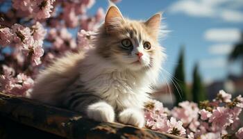 söt kattunge Sammanträde i gräs, lekfull och nyfiken, njuter natur genererad förbi ai foto