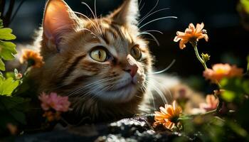 söt kattunge Sammanträde i äng, omgiven förbi grön växter och blommor genererad förbi ai foto