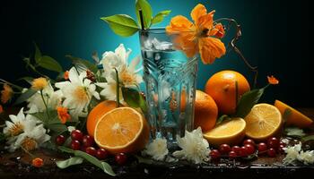friskhet av natur vibrerande citrus- frukter, friska äter, och organisk drycker genererad förbi ai foto
