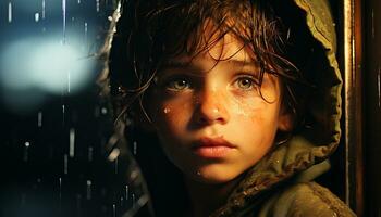 en söt barn ser på kamera, våt från de regn genererad förbi ai foto
