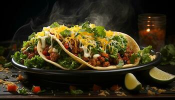 en gourmet taco måltid med grillad nötkött, färsk grönsaker, och guacamole genererad förbi ai foto