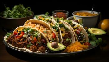 friskhet och krydda i en hemlagad mexikansk guacamole taco måltid genererad förbi ai foto