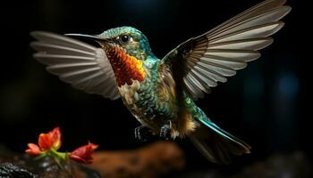 kolibri flygande, spridning vingar, skönhet i natur, vibrerande färger genererad förbi ai foto