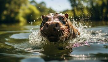 söt våt hund ser på kamera i tropisk regnskog genererad förbi ai foto