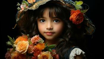 leende flickor i söt klänningar håll en små blomma bukett genererad förbi ai foto