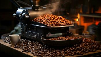 Barista verkstad maskineri slipning kaffe bönor, skapande färsk gourmet förfriskning genererad förbi ai foto
