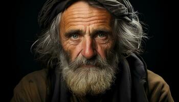 en klok, åldrig man med en skägg, grå hår, och rynkor genererad förbi ai foto