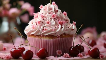 gourmet muffin med rosa glasyr, färsk bär, och blommig dekoration genererad förbi ai foto