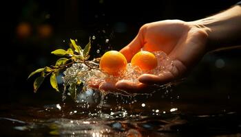 uppfriskande citrus- frukt, våt med vatten, hölls förbi mänsklig hand genererad förbi ai foto