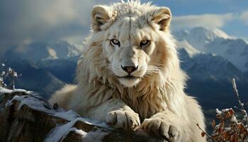 majestätisk lejon, kung av de vildmark, blickar in i de distans genererad förbi ai foto