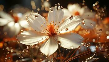 vibrerande daisy blommar i en äng, våt med morgon- dagg genererad förbi ai foto