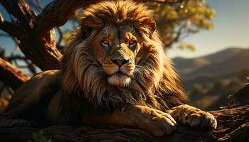 majestätisk lejon vilar i de savann, ser på kamera med styrka genererad förbi ai foto