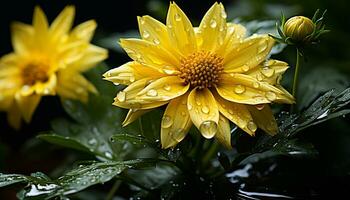 en vibrerande gul tusensköna, våt med dagg, speglar de sommar solljus genererad förbi ai foto