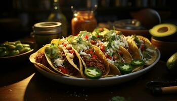 friskhet och krydda på en tallrik, guacamole och taco glädje genererad förbi ai foto