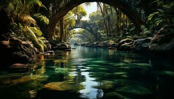 lugn scen av en tropisk regnskog, strömmande vatten, och grönska genererad förbi ai foto