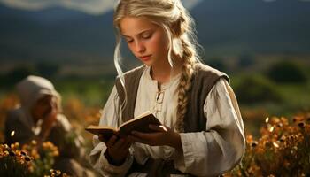 ung kvinna läsning bibel utomhus, leende, omgiven förbi natur genererad förbi ai foto