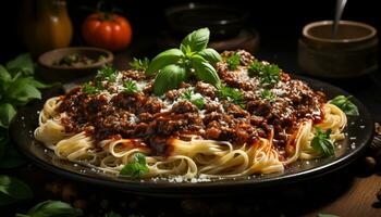 färsk pasta måltid med gourmet bolognese sås, kokta kött, och grönsaker genererad förbi ai foto