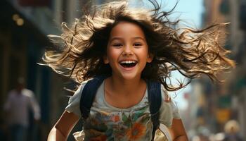 en sorglös ung flicka njuter de utomhus, leende med glädje genererad förbi ai foto