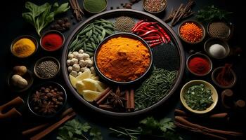 indisk curry en kryddad, aromatisk skål av friska läckerhet genererad förbi ai foto