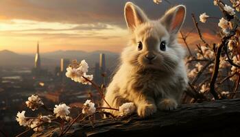 fluffig bebis kanin Sammanträde i äng, njuter solnedgång genererad förbi ai foto