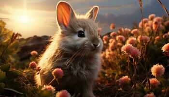 fluffig ung kanin Sammanträde i gräs, njuter natur skönhet genererad förbi ai foto