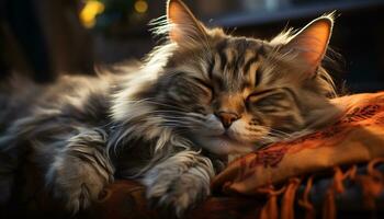 söt kattunge sovande, päls mjukhet, natur skönhet i fokus genererad förbi ai foto