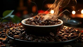 nyligen bryggt kaffe i en mörk kopp på trä- tabell genererad förbi ai foto