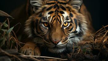 bengal tiger, våldsam och skön, stirrar in i de skog genererad förbi ai foto