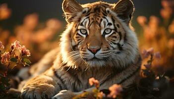 majestätisk tiger stirrande, lugn solnedgång, natur skönhet i fara genererad förbi ai foto
