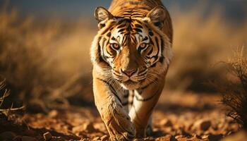 majestätisk bengal tiger gående i tropisk regnskog, stirrande alert genererad förbi ai foto