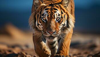 bengal tiger, majestätisk och våldsam, gående i lugn natur genererad förbi ai foto