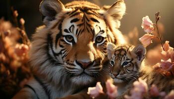 bengal tiger stirrande, randig päls, natur skönhet i vilda djur och växter genererad förbi ai foto