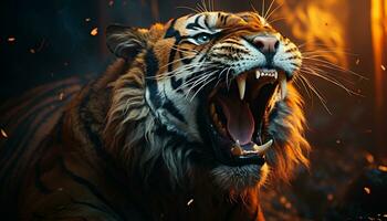 majestätisk bengal tiger rytande, våldsam och vild i natur genererad förbi ai foto
