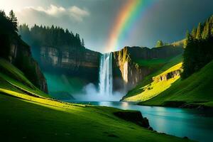 en underbar vattenfall inkluderad förbi väl av grönska och en regnbåge formning i dess dimma. ai genererad foto